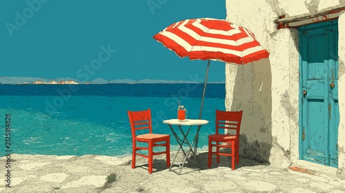 Charming seaside scene with bright chairs and umbrella inviting relaxation under the sun