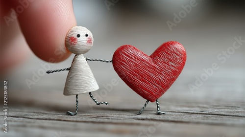 Tiny figures share a warm moment with a red heart in a charming wooden setting