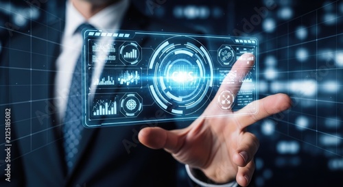 Businessman Interacting With Futuristic Digital Interface Displaying Data Analytics.