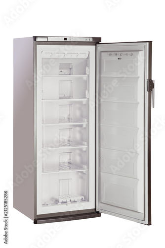 Front view of open upright freezer with transparent plastic drawers isolated on transparent background, PNG template