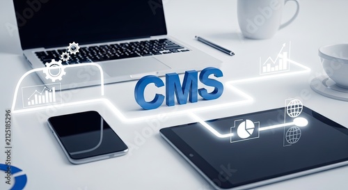 CMS Concept with Digital Devices and Futuristic Interface.