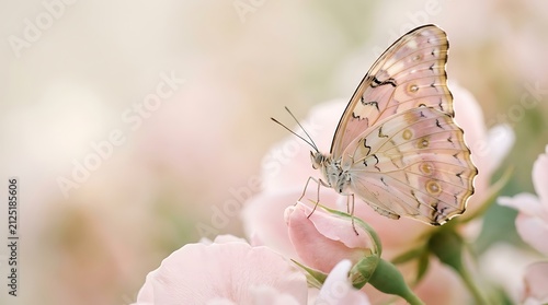 A soft pink butterfly rests gracefully on a delicate rose bud. Macro shot with copy space, on blurred background for nature blogs, greeting cards, romantic designs, and spring presentations.
