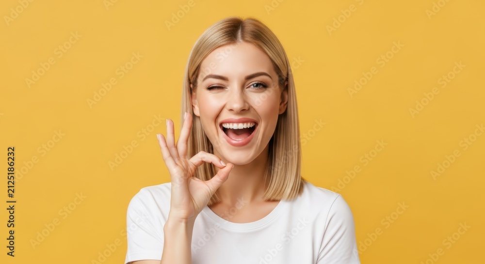 Obraz premium Happy Young Blonde Woman Winking and Showing OK Sign Gesture Isolated on Yellow Background