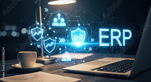 ERP System Technology Concept with Digital Shields and Growth Icons.