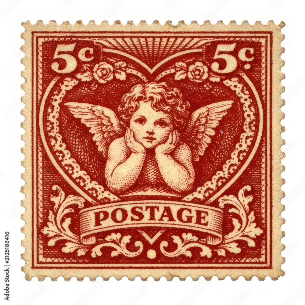 Fototapeta premium Vintage cherub postage stamp with heart design.