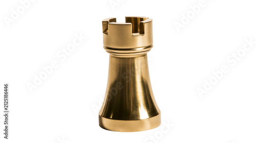 Polished brass chess rook piece, isolated on transparent background