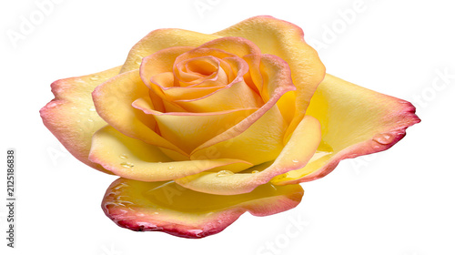 Delicate yellow rose with pink edges and water droplets, isolated on transparent background