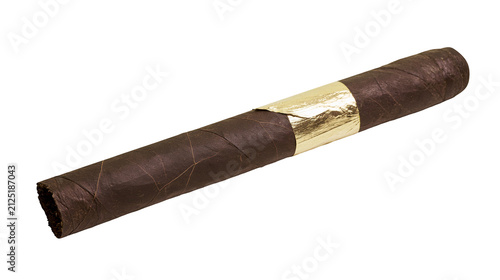 Cuadro en lienzo Dark brown tobacco cigar with golden band, isolated on transparent background