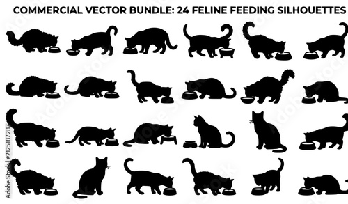 Bild auf Leinwand Professional Cat Eating from Bowl Silhouette Vector Illustration Bundle with Dom