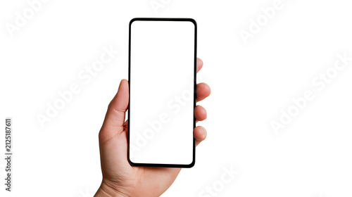Human hand holding modern smartphone with blank screen, isolated on transparent background