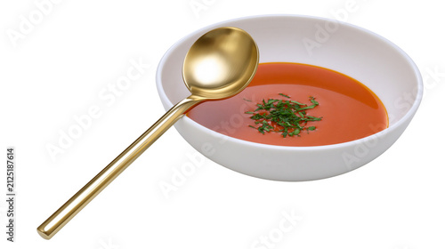 Photography Golden spoon resting on a white bowl filled with tomato soup and herbs, isolated
