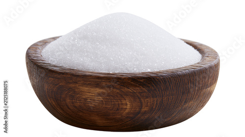 Foto Granulated white sugar piled high in a rustic wooden bowl, isolated on transpare