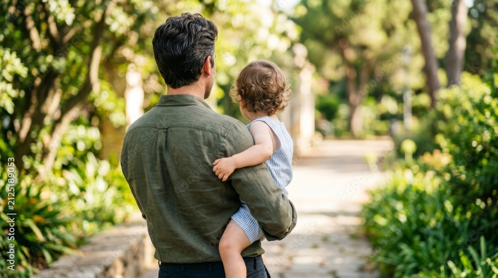 Fototapeta premium Father carrying his child on his arm in a sunny outdoor setting with blurred green and yellow background, symbolizing family bonds and nurturing care