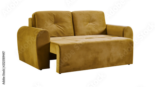 Mustard yellow velvet sofa bed with tufted cushions, isolated on transparent background