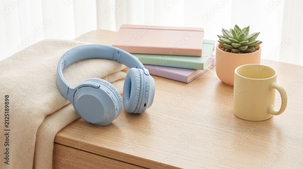Obraz premium Soft Pastel Desk with Noise Canceling Headphones