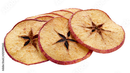 Dried apple slices with red skin and star-shaped core, isolated on transparent background
