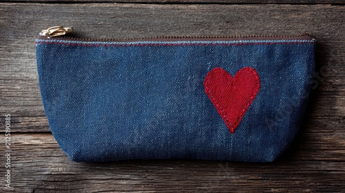 Handmade Denim Pouch with Red Heart on Rustic Wood Background