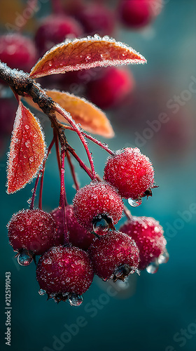 Icy berry stems vibrant foliage sparkling dew texture artistic macro wallpapers