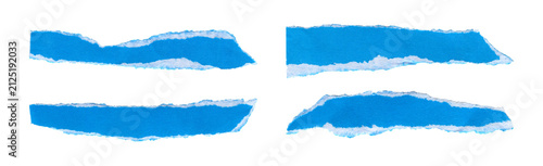 Set of four blue paint brush strokes with rough textured edges for design