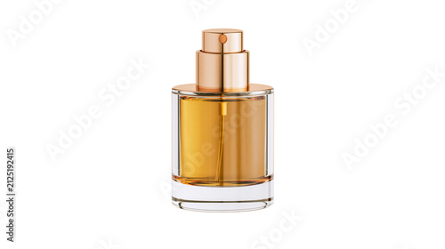 Foto Luxury golden perfume bottle with clear glass and rose gold spray pump, isolated
