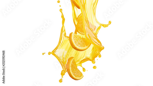 Orange slices splashing into vibrant orange juice, isolated on transparent background