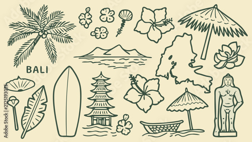 Фотография travel destination icons line art bali palm tree surfboard temple umbrella boat