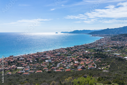 Aerial panoramic view of the Ligurian coast seen from Verezzi, Italy