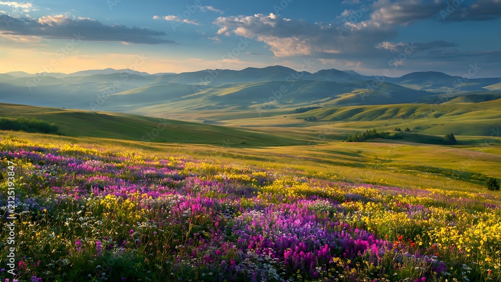 Obraz premium Vibrant wildflower meadow at sunrise with distant mountains.