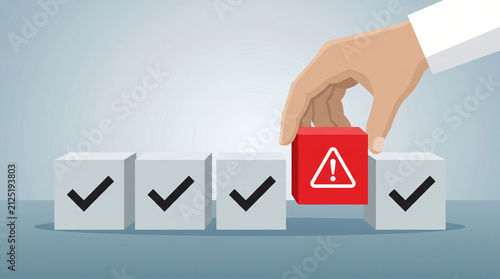 Identifying business risk showing a hand picking a red alert cube among approved checkmarks for quality control and problem solving