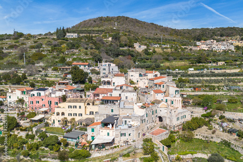 Aerial view of the rustic stone hamlet of Verezzi, one of the most beautiful villages of Liguria region, Italy