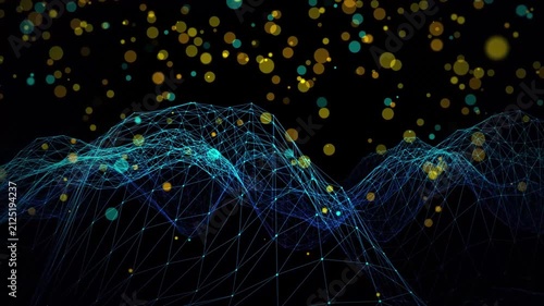 Digital wireframe landscape with floating particles representing complex data network in dark cyberspace 1 24