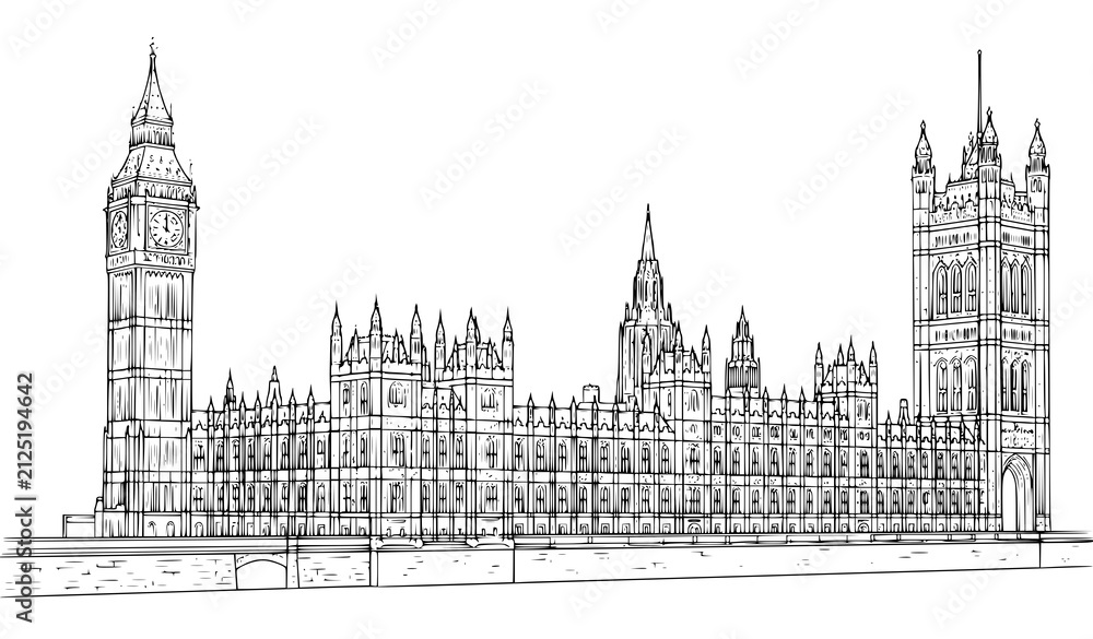 Obraz premium Big Ben and Houses of Parliament Outline Vector