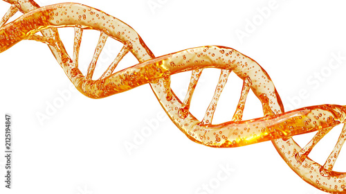 Orange liquid DNA helix with bubbles, isolated on transparent background