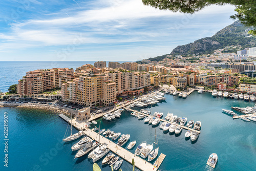 Scenic view of the Port of Fontvieille marina and waterfront apartment district in Monaco