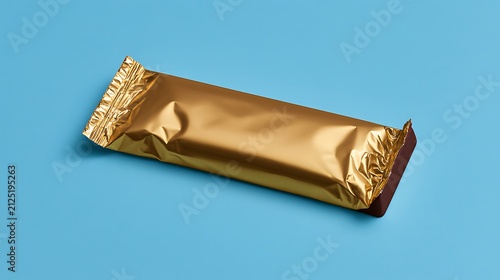 Gold Foil Wrapped Energy Bar on Blue Background for Snack and Protein Food Packaging