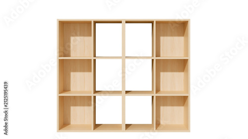 Light wood cube shelving unit with nine compartments, isolated on transparent background