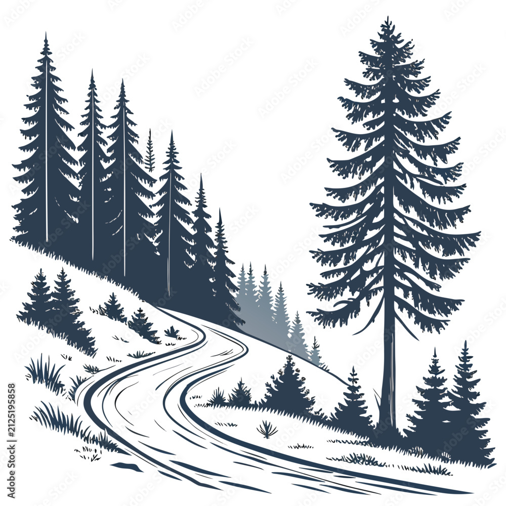Obraz premium Winding mountain forest trail in winter season vector illustration with mountain