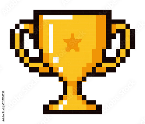 Pixel art style golden trophy cup with star emblem