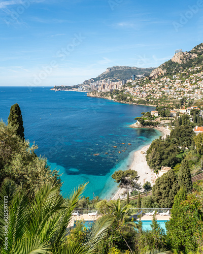 Vertical panorama of Monaco, turquoise sea and scenic beach seen from Roquebrune-Cap-Martin