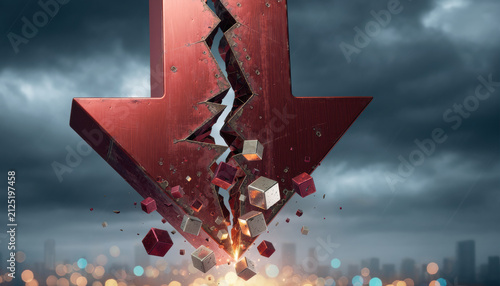 Red arrow crumbling abstract metallic downward fracture debris storm city impact large broken symbol falling apart over dark urban skyline with dramatic sky