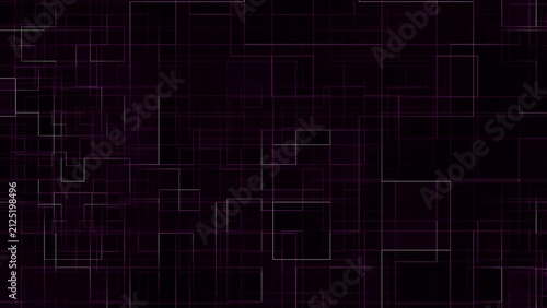 Digital technology grid network with glowing purple lines on dark black background for data concept.