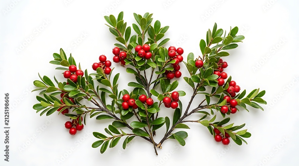 Naklejka premium Fresh green holly branches with bright red berries for christmas seasonal winter holiday decoration. american bearberry