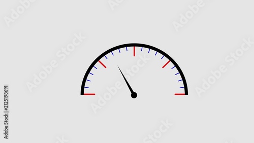 Semi circle gauge with black needle and colorful scale markings.
