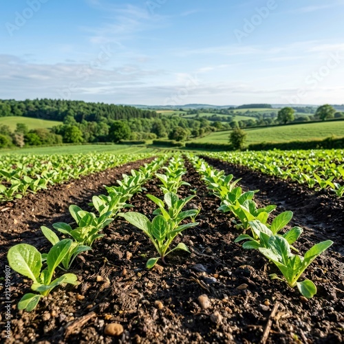 Rows of Young Tobacco Plants Growing in a Field Under a Blue Sky.