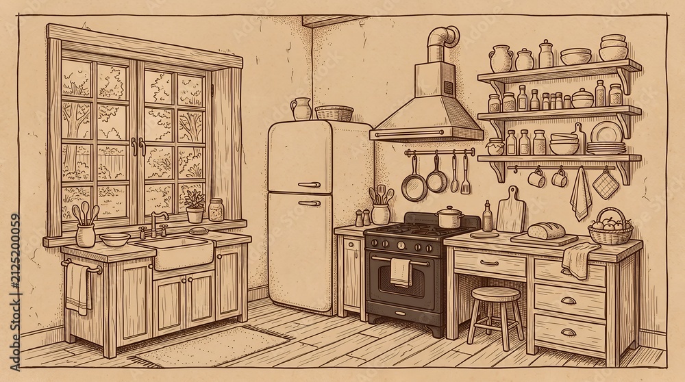 Fototapeta premium Vintage kitchen interior sketch with stove and cupboards.