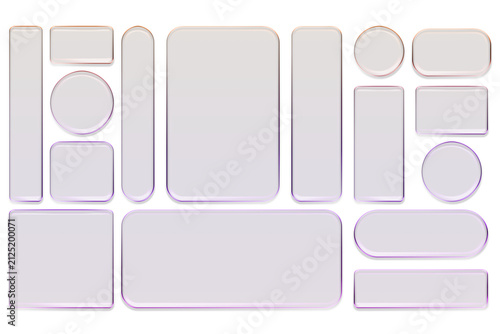 Glass liquid ui button set with transparent 3d effect - rectangle frame box elements in various sizes and proportions, glossy morphism style borders for modern interface design on light background.