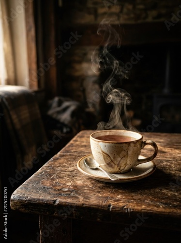 Steaming Cup of Hot Beverage on Rustic Wooden Table.
