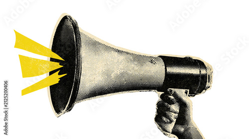 Принти на полотні Hand holding vintage megaphone emitting yellow sound waves, isolated on transpar