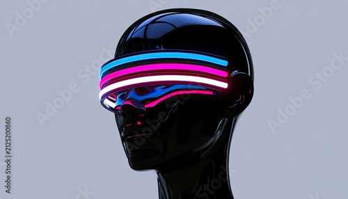 Sleek, reflective black headform wearing vibrant neon-lined goggles against a plain backdrop