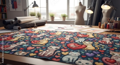 Whimsical Cat Fabric Design with Hearts and Flowers.
